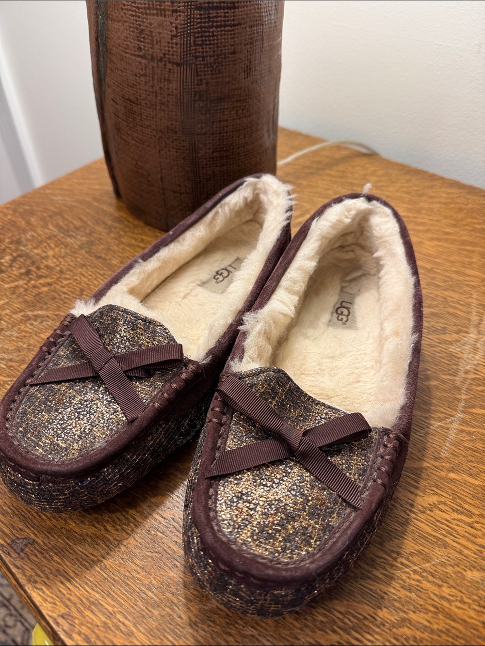 UGG Women's Brown Glitter Moccasins with Cream Lining